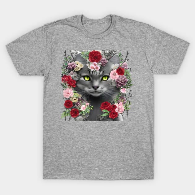 Beautiful Floral Gray Cat T-Shirt by Hypnotic Highs